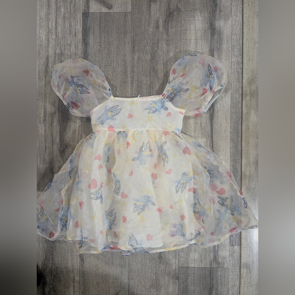Bluey Adorable Sheer Dress with Puff Sleeves Hearts Valentine's Day